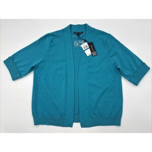 Cable Gauge Sweater Cardigan Womens XL Teal Open Front 3/4 Sleeve Church NEW